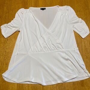 Express Surplice Blouse Womens Small White Ruched Short Sleeve V-Neck Peplum Top